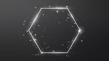 Neon hexagon frame with shining effects and sparkles on dark background. Empty glowing techno backdrop. illustration vector
