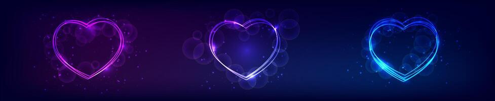 Set of three neon frames in heart form with shining effects and sparkles on dark background. Empty glowing techno backdrop. illustration vector
