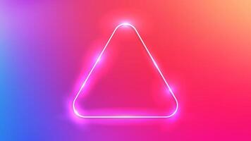 Neon rounded triangle frame with shining effects on colourful background. Empty glowing techno backdrop. illustration vector