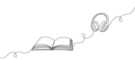 Single continuous editable line of audiobook and headphones. Concept of online service for audio reading, learning in minimal linear style. illustration vector