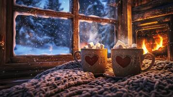 Cozy Winter Scene Hot Chocolate with Marshmallows by Fireplace and Snowy Window photo
