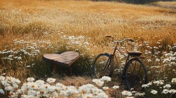 Rustic Bicycle and Heart Shaped Bench in Sunny Wildflower Meadow photo