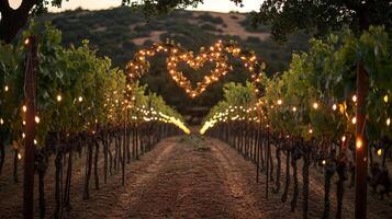 Romantic Vineyard Pathway with Heart Shaped String Lights at Dusk photo