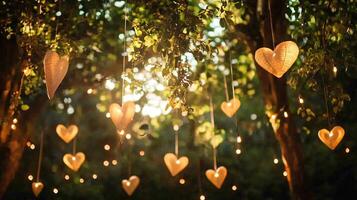 Romantic Evening Glowing Heart Lanterns Hanging in a Lush Garden photo