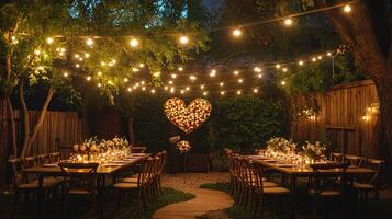 Romantic Backyard Wedding Reception Decor String Lights Flower Heart Wooden Tables photo
