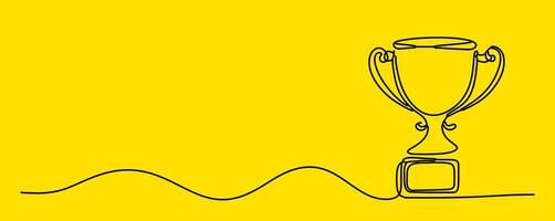 The Winner's Cup is presented as a continuous line icon. This single line drawing depicts the award trophy and the celebration of the champions with simple linear signs. vector