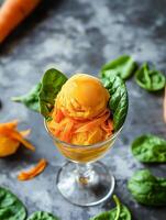Carrot Ice Cream with Caramelized Carrot and Spinach photo