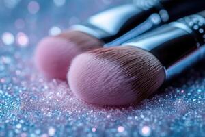 A delicate makeup brush poised over a blush, set against a background of elegant lights photo