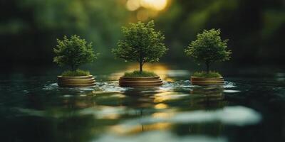 Trees growing on stacked coins symbolize step by step success in business and finance photo