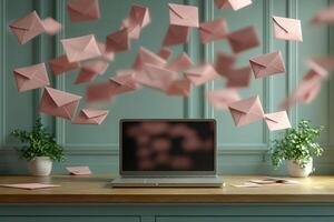 Email marketing concept laptop surrounded by flying envelopes and letter photo