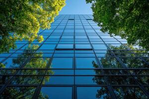A modern office building with green trees and blue sky, a sustainable business concept photo