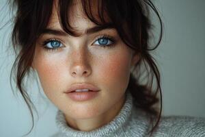 Close-up of the face of an attractive girl with makeup and blue glitter eyeshadow, red matte lipstick, her hair in a ponytail photo