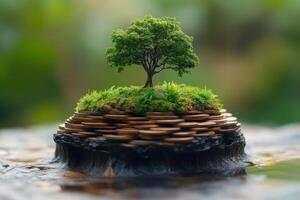 Small trees growing on stacked coins symbolize step by step success in business photo