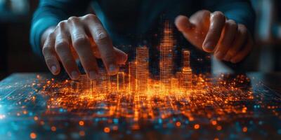 Man using digital tablet featuring hologram of modern building in real estate technology concept photo
