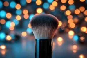 A delicate makeup brush poised over a soft blush, set against a background of lights photo