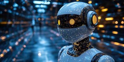 Android robot in a modern futuristic clean office standing photo