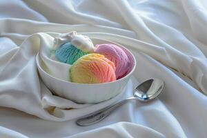 Three scoops of ice cream in a bowl with a spoon photo