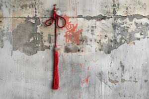 A red tassel hanging from a wall photo