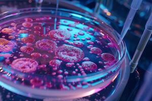 A petri dish with pink liquid in it photo