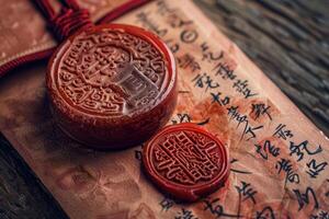 A red wax seal on a piece of paper with writing photo