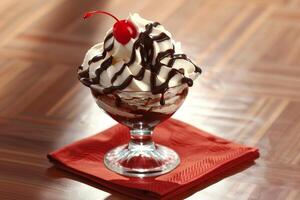 A sundae with whipped cream and chocolate sauce photo