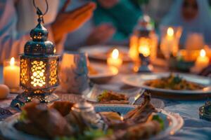 A table with food and candles on it photo