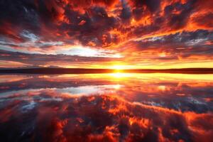 A sunset over a lake with clouds reflected in it photo