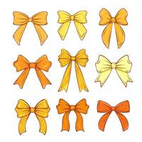 collection of cartoon bows in golden colors. Outlined colorful bows of distinct shapes and styles for creative projects, crafting, scrapbooking or decoration. vector