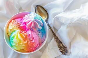 A bowl of ice cream with rainbow colored ice cream photo