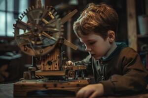 A young boy is working on a wooden model of a clock photo