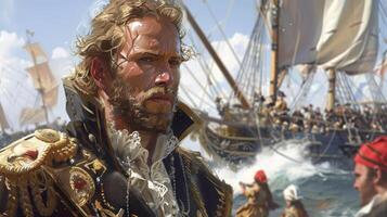 A man in pirate clothing standing in front of a ship photo