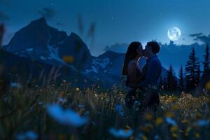 A couple kissing in a field with a mountain in the background photo