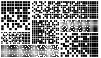 Pixel banner. Header, footer layout with mosaic edges. Horizontal title tags with pixels. Labels pixelated decoration advertising elements. Rectangular checkered shapes isolated set. vector