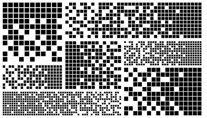 Pixel banner. Header, footer layout with mosaic edges. Horizontal title tags with pixels. Labels pixelated decoration advertising elements. Rectangular checkered shapes isolated set.