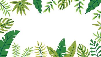 Hello Summer tropical leaves frame, abstract card with jungle exotic leaves and branches, colorful green design, summer background or banner. vector