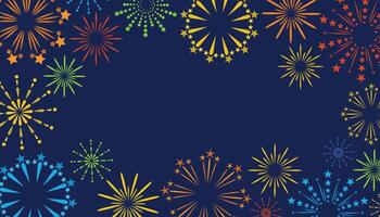 Bright fireworks frame on a navy blue background. Festival greeting card with empty space for text. vector