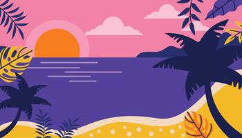 Landscape of palm tree on a beach. Sunset sea scene in tropical place in flat style. vector