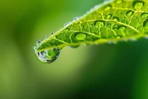 A drop of water is on a green leaf photo