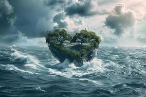 A heart shaped island floating in the ocean with trees photo
