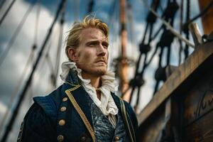 The man in the pirate costume is standing on the deck of a ship photo