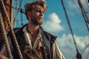 A man with a beard and a vest stands on a ship photo