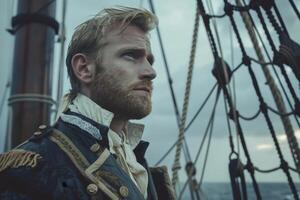 A man with a beard and a beard is standing on a ship photo