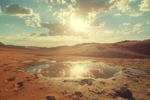 A desert landscape with a puddle in the middle photo