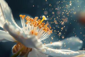 A white flower with yellow petals is in the air, with a lot of dust photo