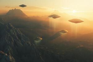 A group of space aliens are flying through the sky above a mountain range photo