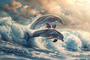 Two dolphins are jumping out of the water in a wave photo
