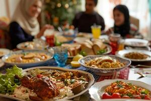 A family is sitting at a table with food photo