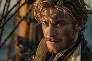 The actor is looking into the camera on a boat photo