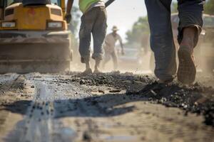 Construction workers walking on a road with a bulldozer photo
