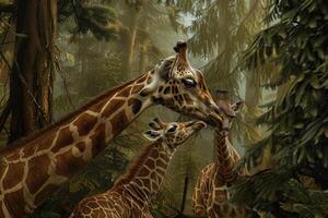 A giraffe and two baby giraffes in a forest photo